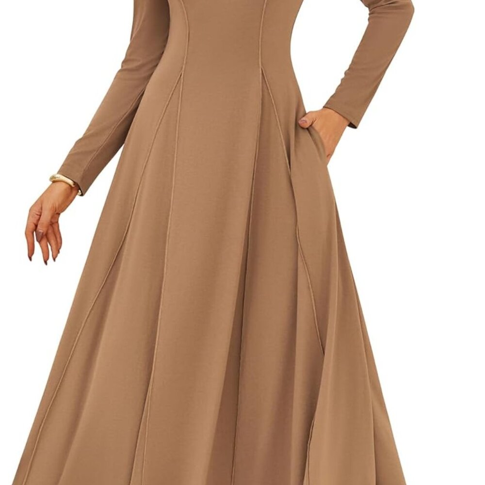 Women’s Fall Casual Maxi Dress Flowy A-Line Long Sleeve Pockets Khaki